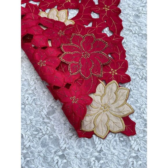 Christmas Flower Rectangular Embroidered Table Runner Red Gold Flower 68x12 - Picture 2 of 9